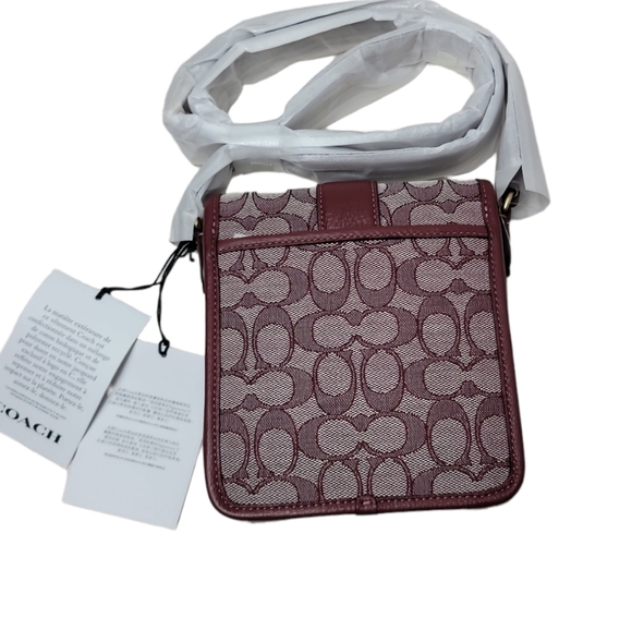 Coach Signature Jacquard North/South Lonnie Gold/Wine Crossbody - Picture 8 of 9